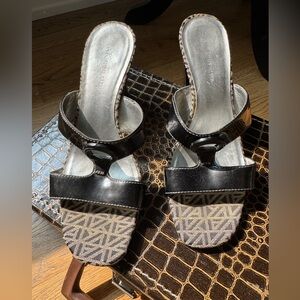 Anne Klein Black and Brown Monogram Sandals